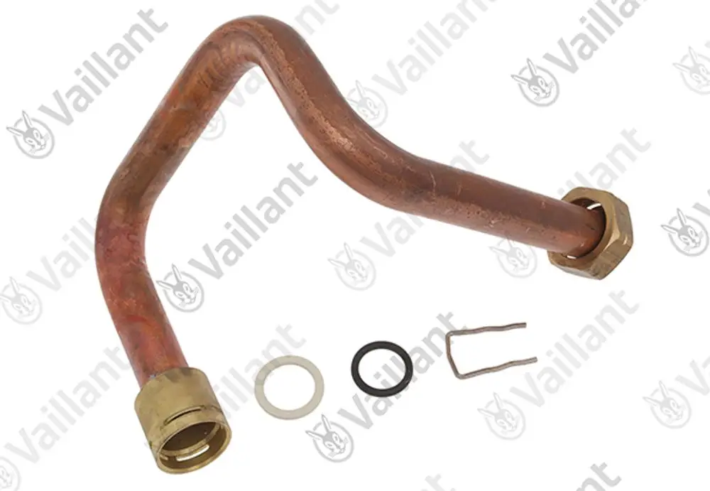 Kupferrohr von Vaillant mit gewinkeltem Verlauf, einer Fittingsmutter und Montageset, inklusive Dichtungen und Sicherungsclip.